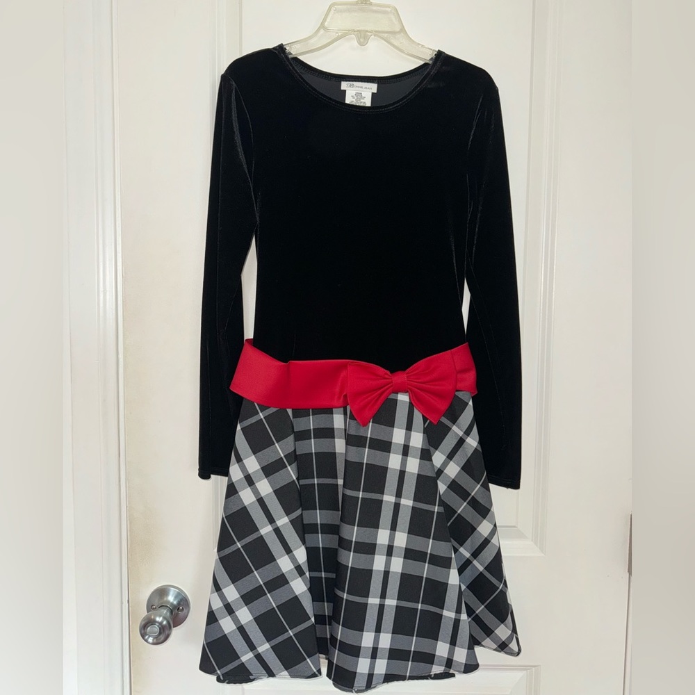 Bonnie Jean Girls 14 Formal Black White Red Plaid Fancy Bow Dress
